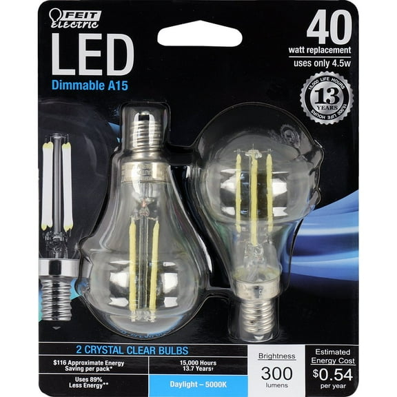 Feit Electric - Decorative Clear Glass Filament LED Dimmable 40W Equivalent Daylight (5000K) Classic A15 Light Bulb, Pack of 2 (BPA1540C/850/LED/2), Candelabra Clear