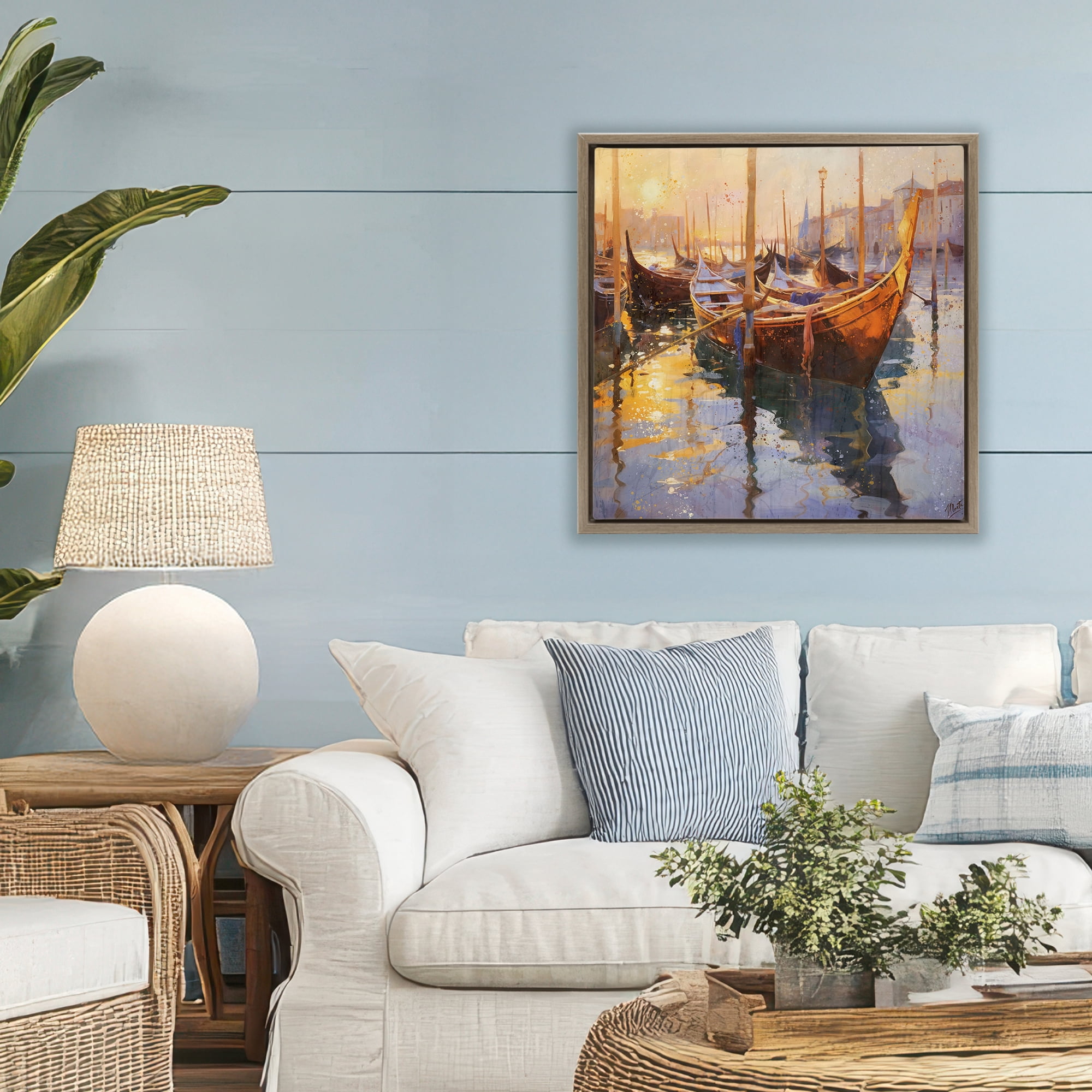 Stupell Industries Venetian Gondolas in Golden Light Brown Framed Floater Canvas Wall Art, design by Marta Wiley