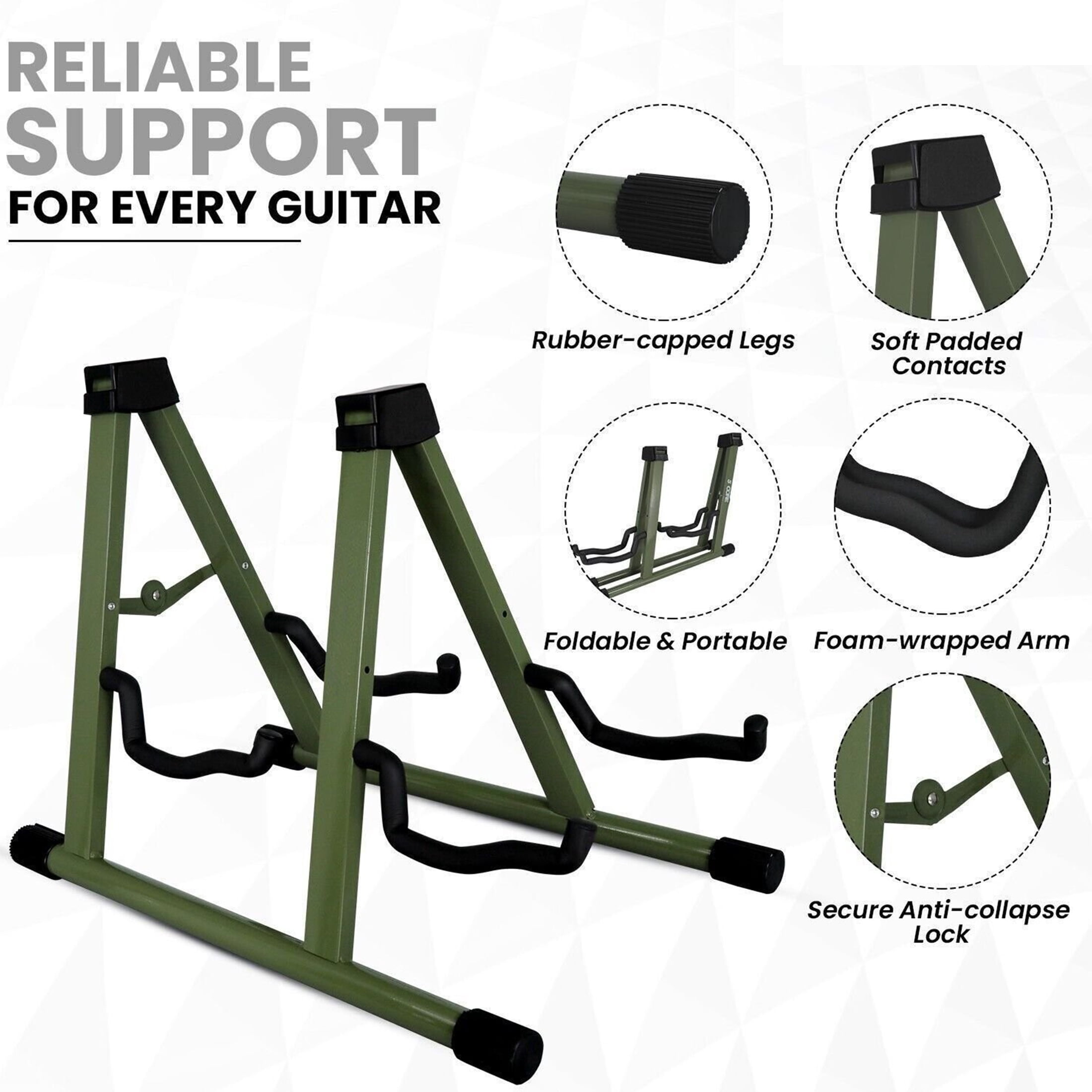 Yunken Guitar Stand 2 In 1 Electric Acoustic Bass Banjo Stand Strong Metal Double A-Frame Folding Guitar Holder with Padded Foam Sleeves Green