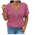 thumbnail image 2 of Offres jusqu'à 70 % de Réduction! Hauts d'Été pour Femmes 2024 Grande Taille Mode Printemps/ Couleur Unie Col Rond Manches Courtes Chemise Décontractée Cadeau pour Femmes en Solde, 2 of 4