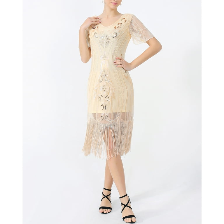 Whitewed Roaring Twenties Party Dress 1920s Formal Dresses Cocktail Party Evening Wear Short Sleeve, Women's, Size: 12-14, Beige
