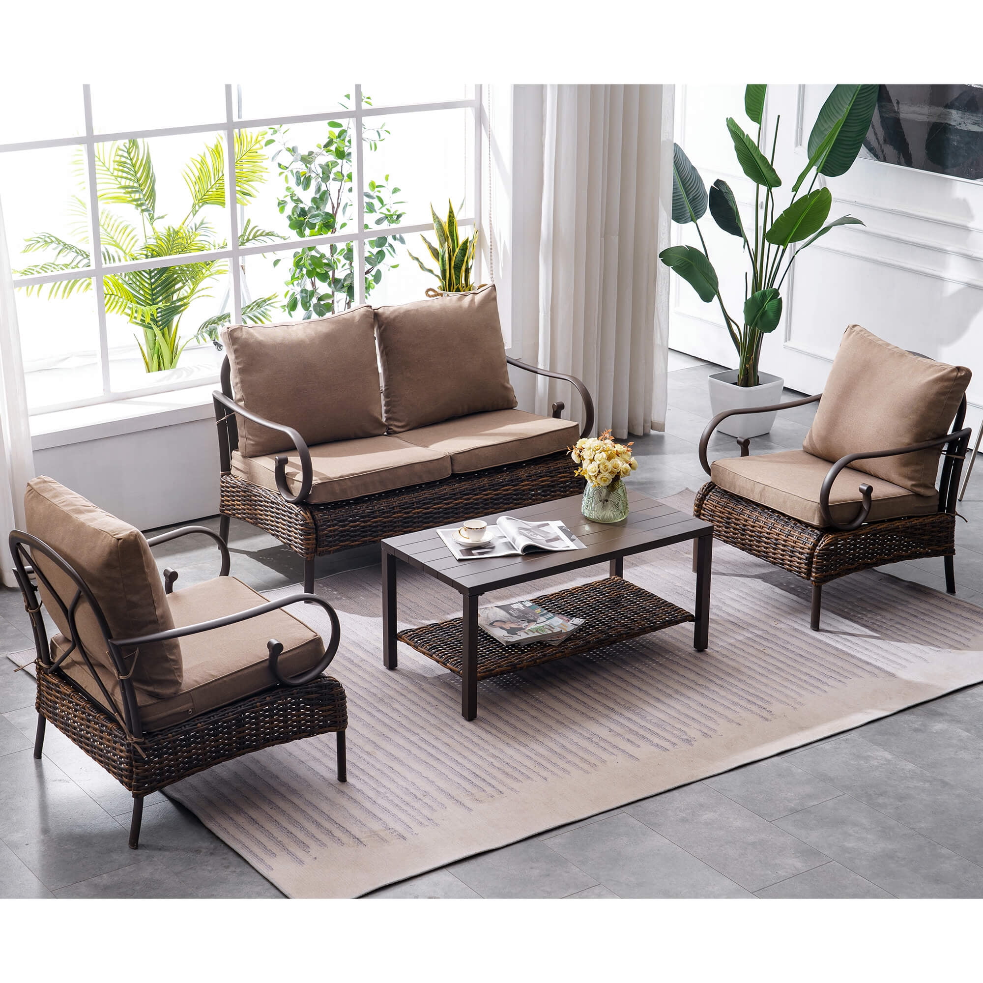 Ivinta Outdoor Patio Furniture Set, 4Piece Wicker Conversation Sets