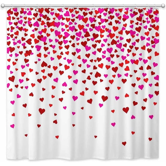 Valentines Day Shower Curtain Red Pink Falling Heart Bathroom Curtain Set Romantic Valentine Fabric Bathtub Decor with 12 Hooks 72x72 Inches