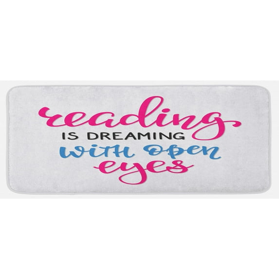 Book Kitchen Mat, Reading is Dreaming with Open Eyes Writing Print on White Background, Plush Decorative Kitchen Mat with Non Slip Backing, 47" X 19", Azure Blue Magenta Black, by Ambesonne