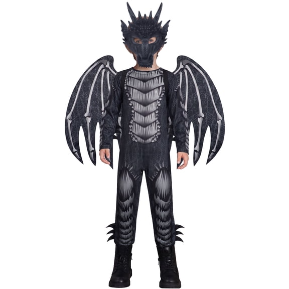Kids Black Dragon Costume Set, Halloween Pretend Play Dress Up Jumpsuit with Wings and Mask for Boys & Girls