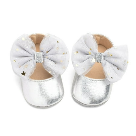 

Baby Girls Soft Sole Leather Crib Shoes Anti-slip Bowknot Prewalker Infants Sneaker Breathable Casual Mesh Flats Toddler Soft Soled Walking Shoes Silver S