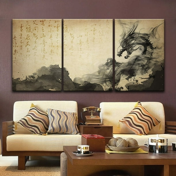 wall26-3 Panel Canvas Wall Art - Chinese Ink Painting Style with