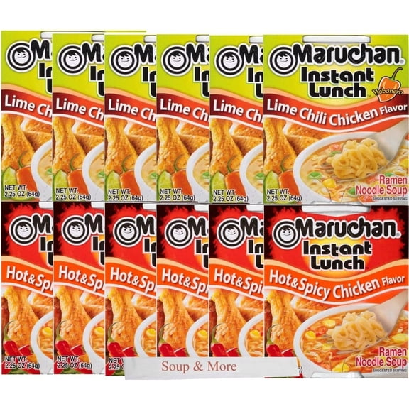 Maruchan Ramen Instant Cup Noodles 12 Count - 6 Lime Chili Chicken Flavor & 6 Hot & Spicy Chicken Flavor Lunch / Dinner Variety, 2 Flavors