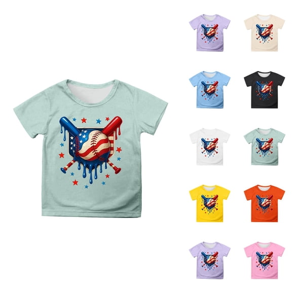 Girls Casual Short Sleeve T-Shirt with Ice Baseball Print, Comfortable Loose-Fit Top for Everyday Wear and Sports