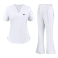 thumbnail image 2 of Scrubs For Women Set Slim V Neck Short Sleeve Top & Flared Split Hem Pants Stretch Wrinkle Resistant Breathable Nursing Uniform White M, 2 of 4