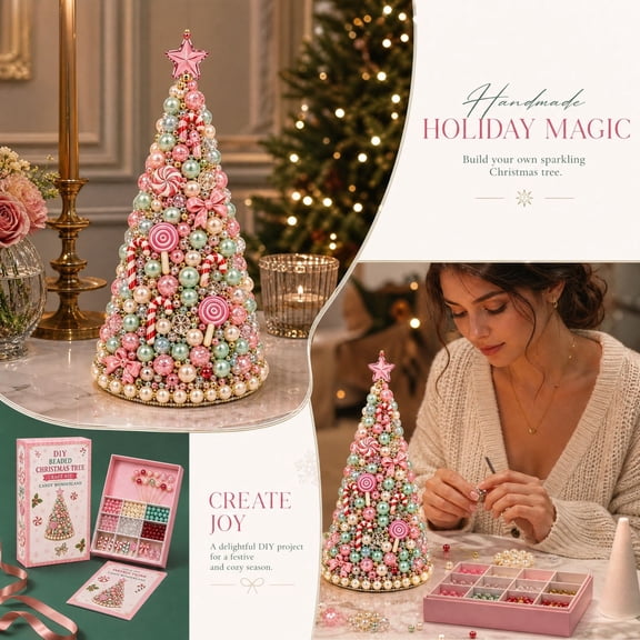 New DIY Beaded Christmas Tree Kit, Crystal Holiday Craft Set for Adults, Colorful Beads, Ornament Charms, Metal Frame, Tabletop Decor, Christmas Gift