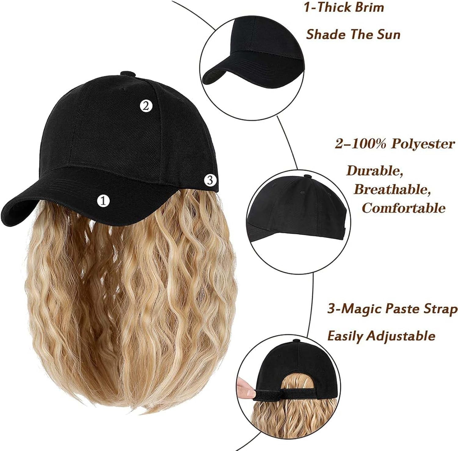 YEKEYI Hat Wig for Women, Short Wave Baseball Cap Wig with Curly Synthetic Hair Extensions
