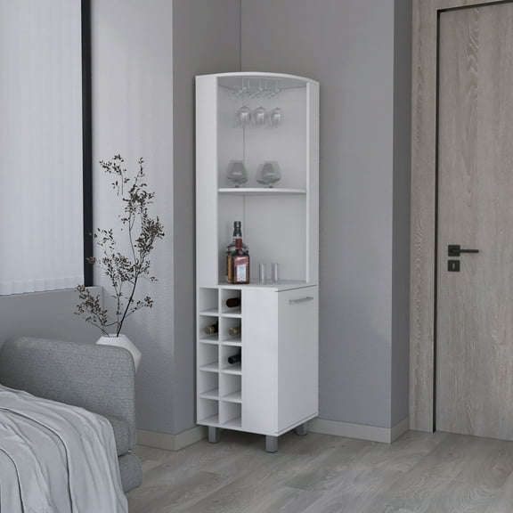 Newboti Furniture Corner Bar Single Door Cabinet Two Shelves, Ten Built-in Wine Rack, Two Interior Shelves 19611