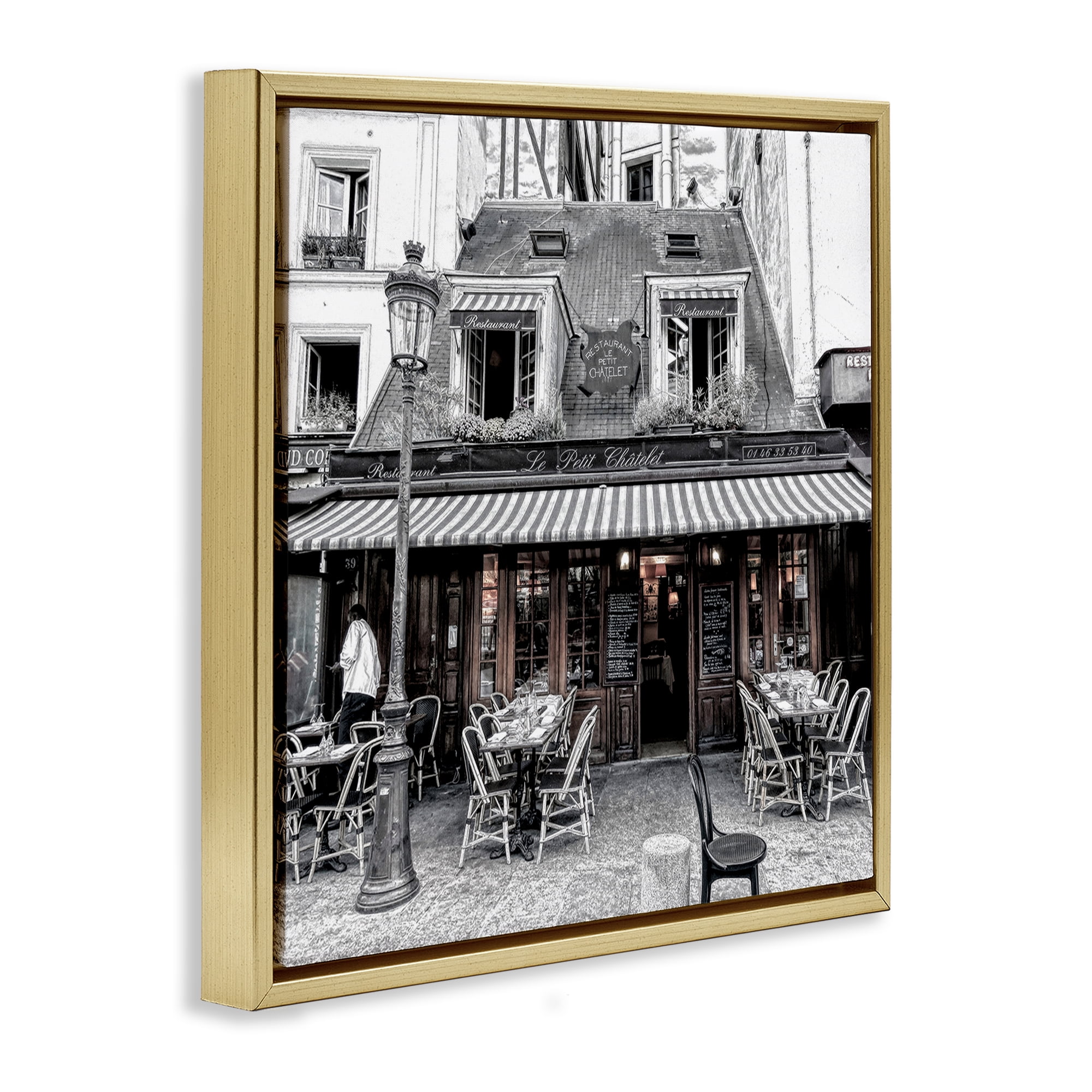 Stupell Industries Sidewalk Café Bistro Buildings & Architecture Photography Gold Floater Framed Canvas Art Print Wall Art, 18 x 18