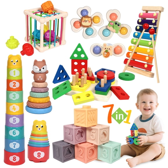Montessori 7-in-1 Activity Set, Baby Toys 18-36 Months, Stacking Blocks, Fine Motor Skills Game for Toddlers, Sensory Bin, Baby Boys & Girls Gifts