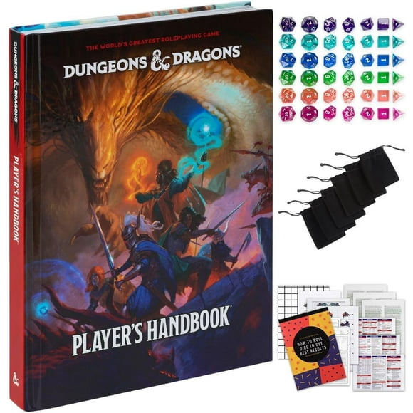 CraftyCrocodile Dungeons and Dragons 2024 Player's Handbook Bundled with DND 6 Dice Sets, Flannel Bags, Complete Printable Kit - Core Rulebook with D&D Starter Set Accessory - T