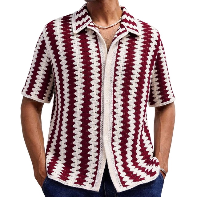 Wo-Fusoul Knit Sweater for Men, Imitation Hand-Hook Design, Solid Color Summer Short Sleeve Cardigan Pullover Top