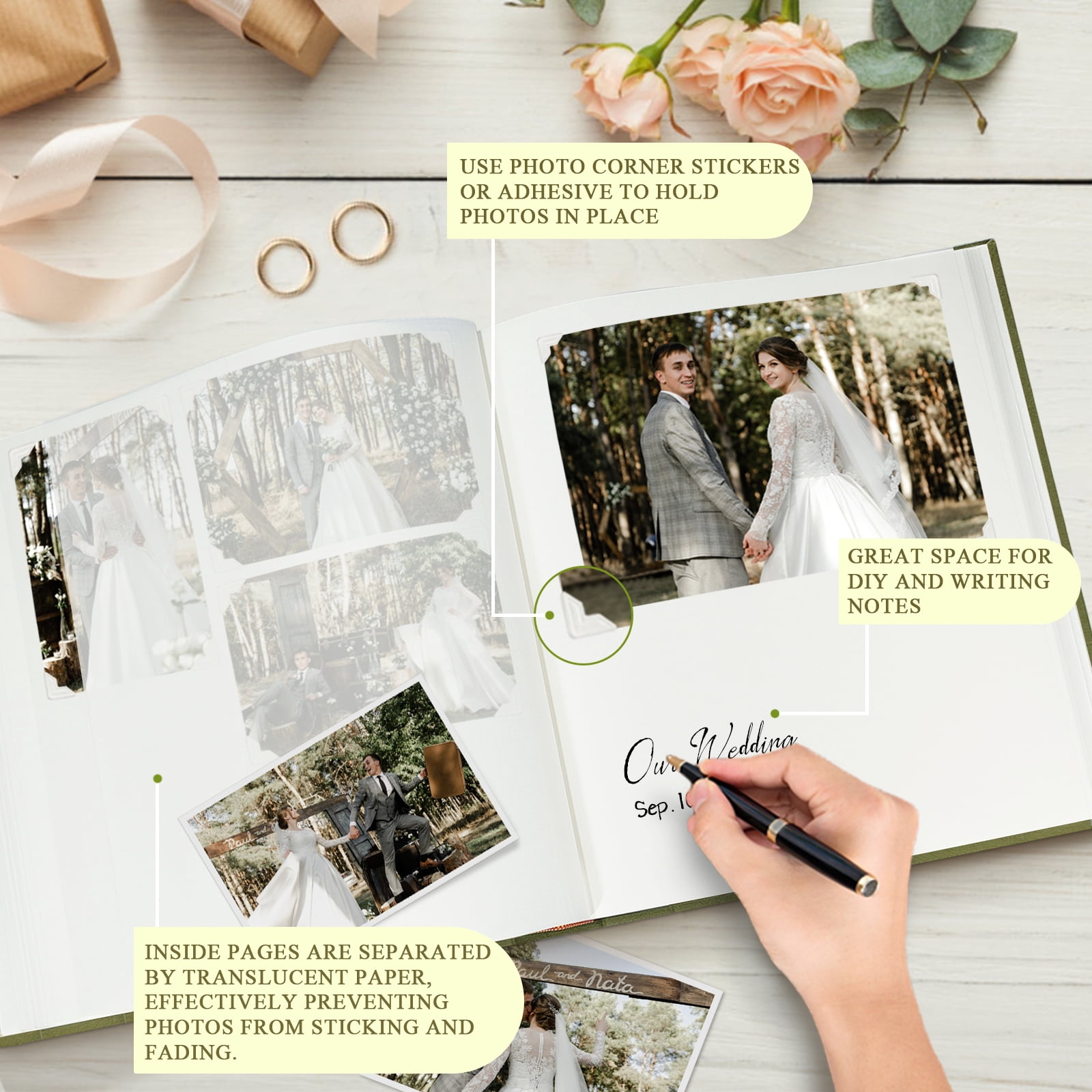 Customizable Scrapbook Album with Writing Space - Acid-Free 11.6 x 13 Inch Photo Album for Weddings, Baby, Graduation - Holds 3x5 to 8x10 Photos & Mementos (Olive)