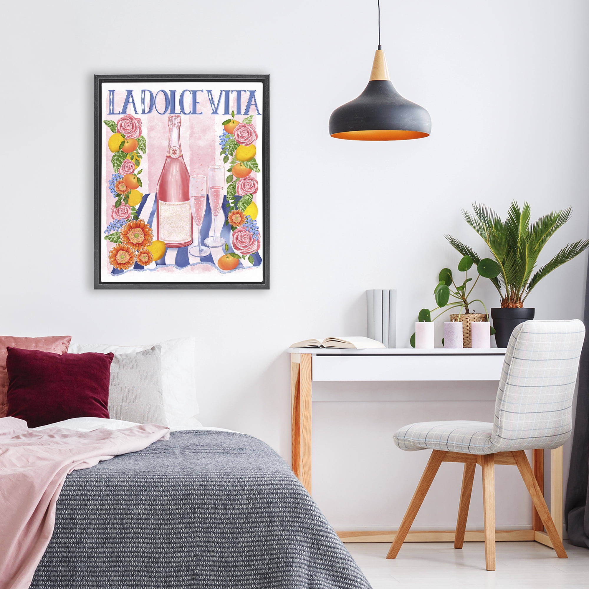 Stupell Industries Pink Champagne Picnic Black Framed Floater Canvas Wall Art, design by Lori Mosley