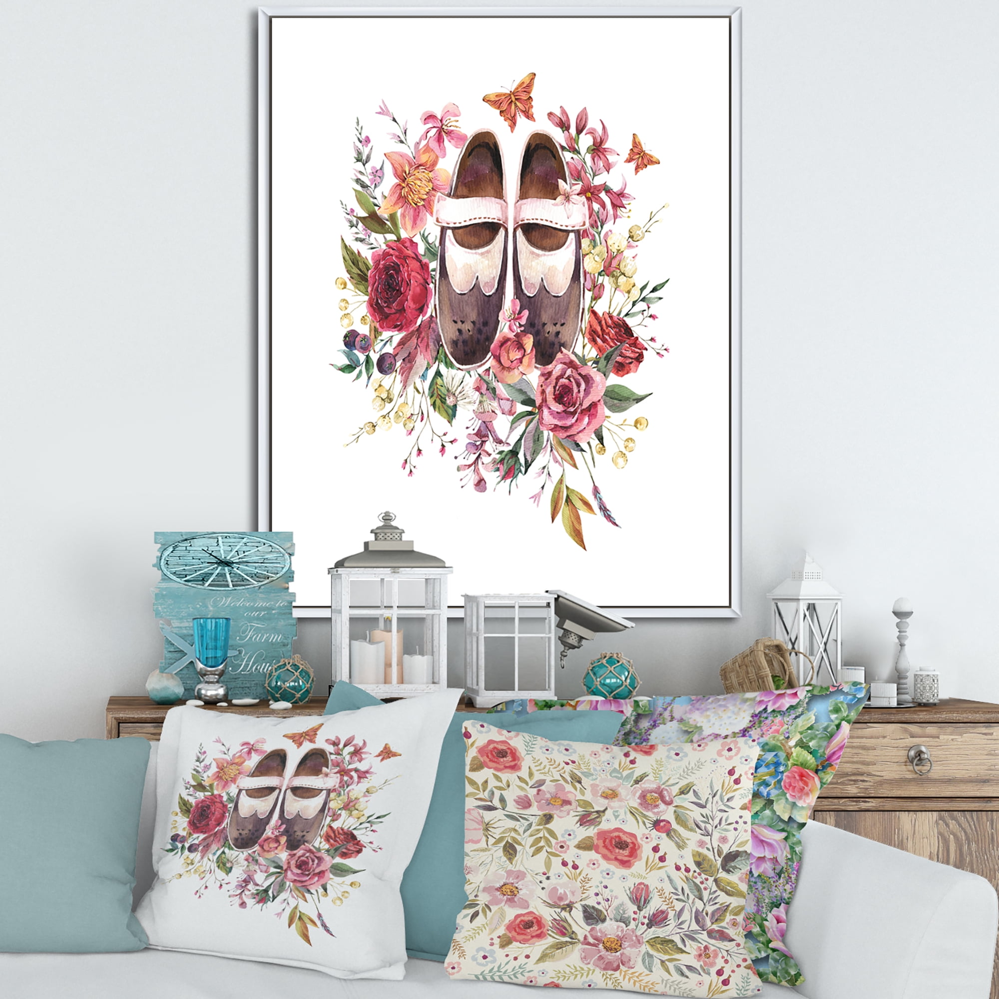 Designart 'Wildflowers With Ancient Oxford Shoes' Farmhouse Framed Canvas Wall Art Print