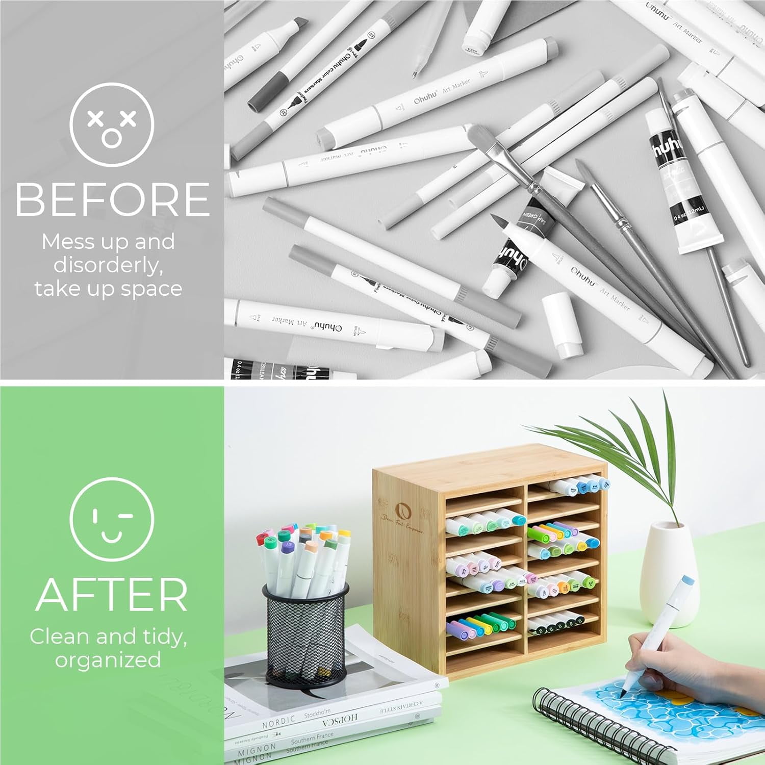 Ohuhu Bamboo Marker Organizer, Holds 126 Markers or Brushes, 18-Compartment Desktop Holder for Home
