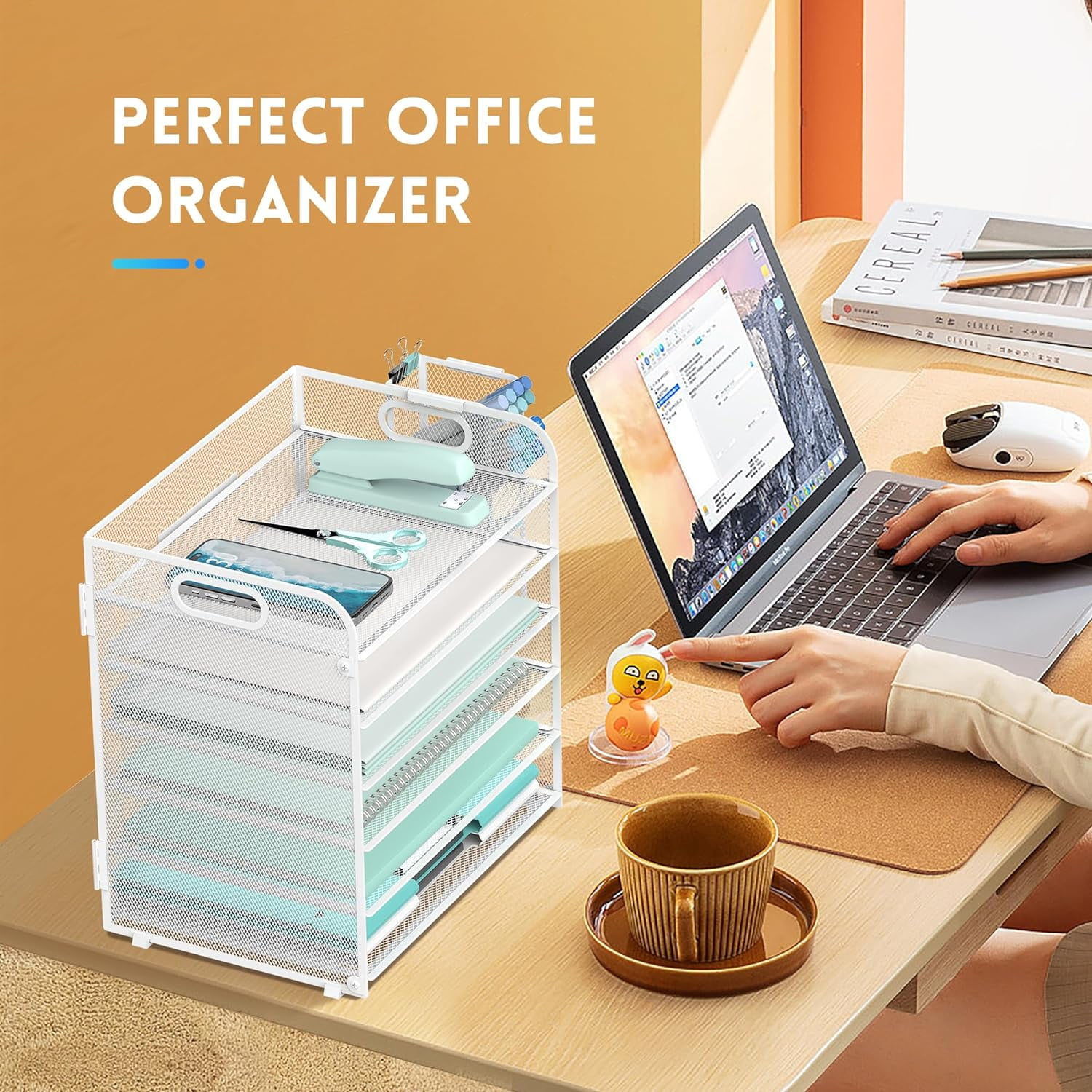 INTIGE 6 Tier Paper Organizer with 4 Pen Holders, Metal Mesh Desk Organizer Letter Tray with Handle, White, Assembly
