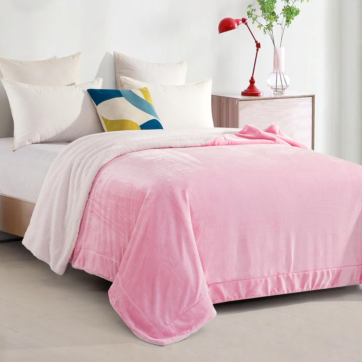 Elegant Comfort Soft, Reversible Sherpa Blanket, Flannel Fleece Throw for Couch and Bed, Warm and Plush Winter Blanket, Full, Light Pink