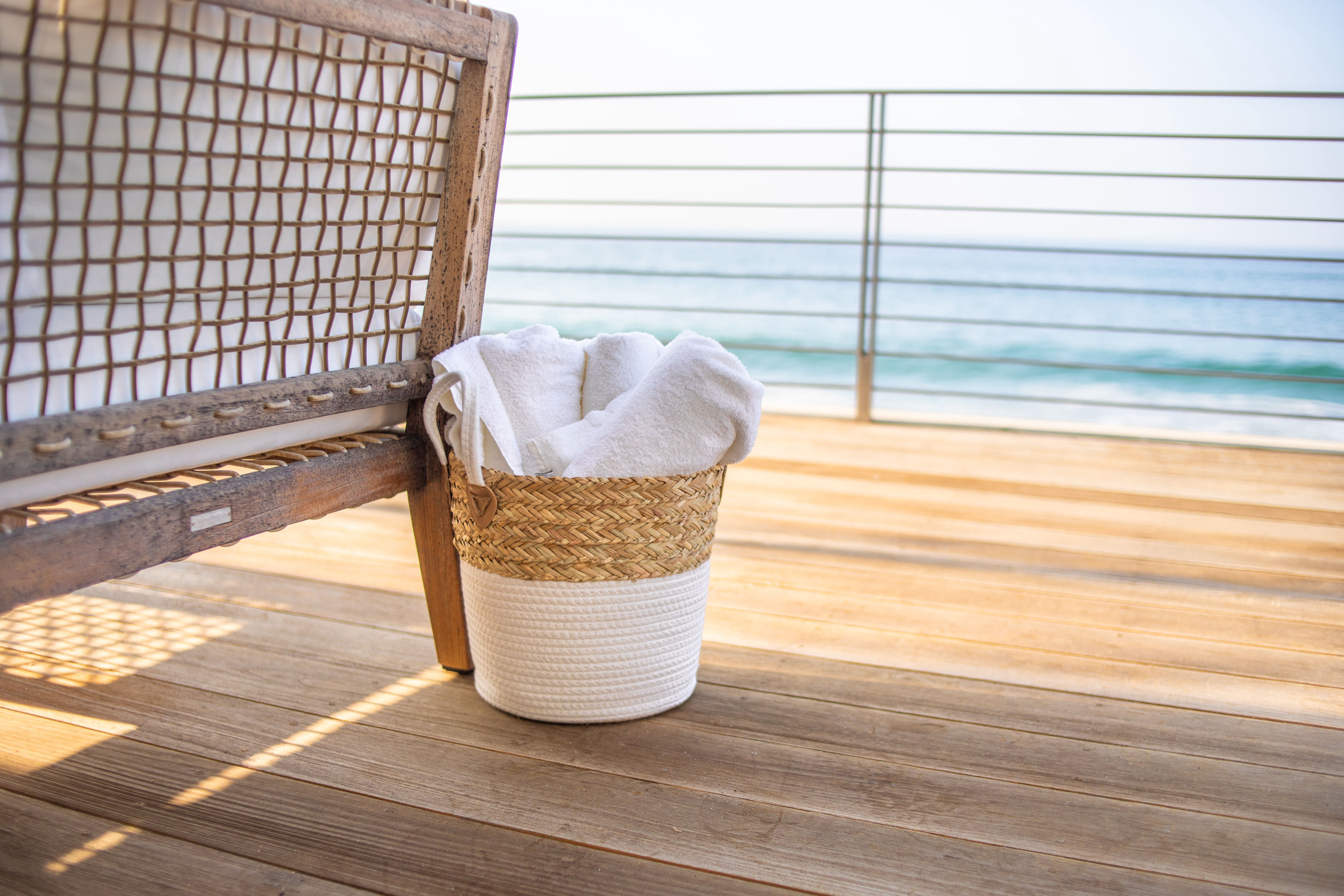 Set of 2 Round Storage Basket, Braided Seagrass & Cotton Rope (MD+SM), Natural & White