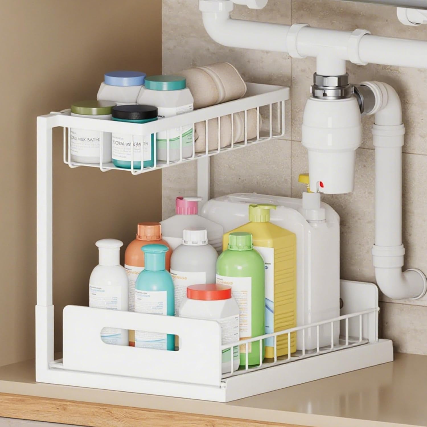 RGHJAR-2 Tier Under Sink Organizer and Storage, Slide Out Pull Out Cabinet Organizer Shelf, Storage for Kitchen Bathroom Laundry, 1Pack, White