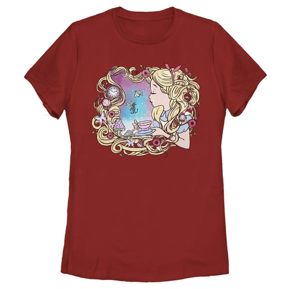 Women's Alice in Wonderland Artistic Alice Long Hair Tea Party Graphic Tee Red Small