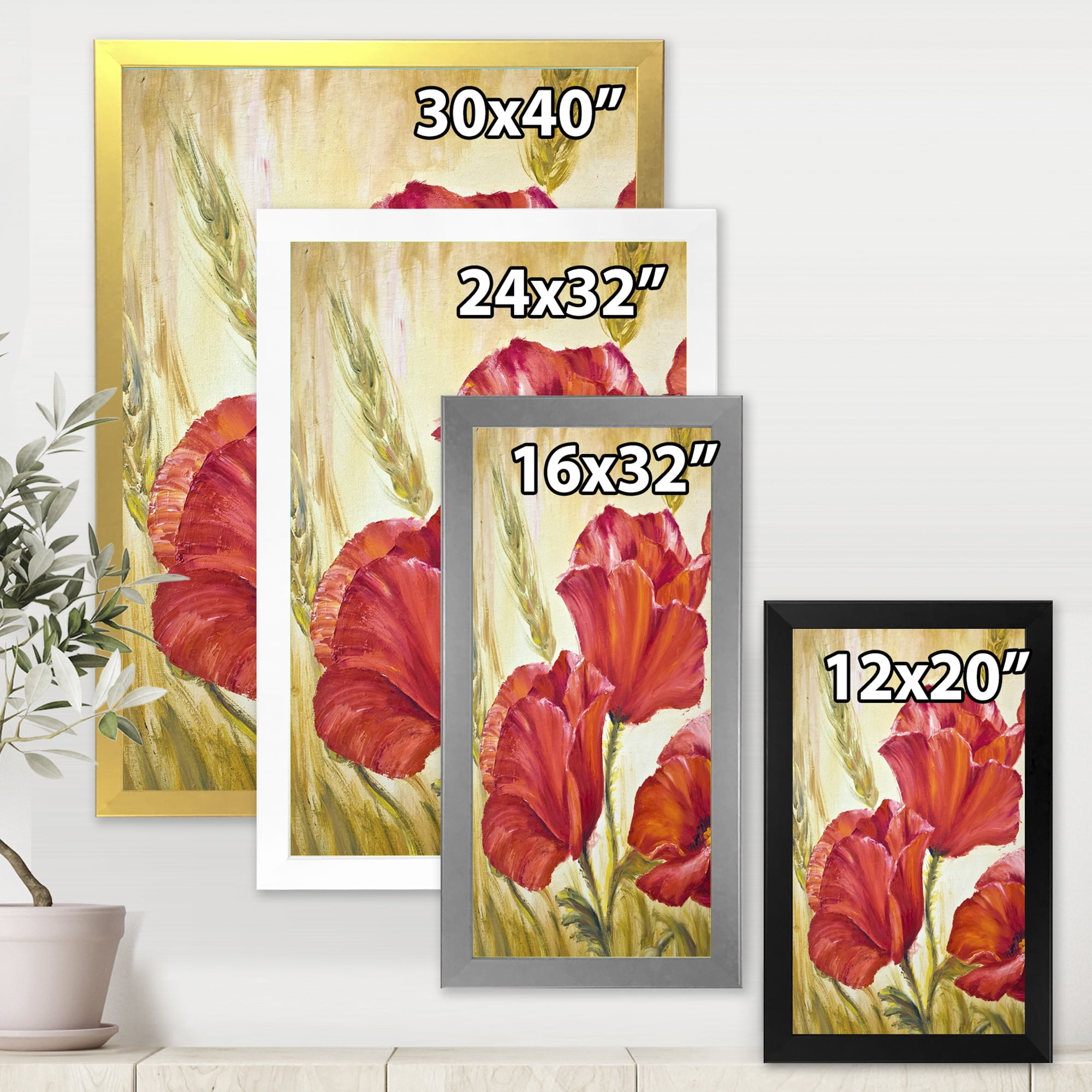 Designart 'Blossoming Red Poppies In Wheat Fields II' Traditional Framed Art Print