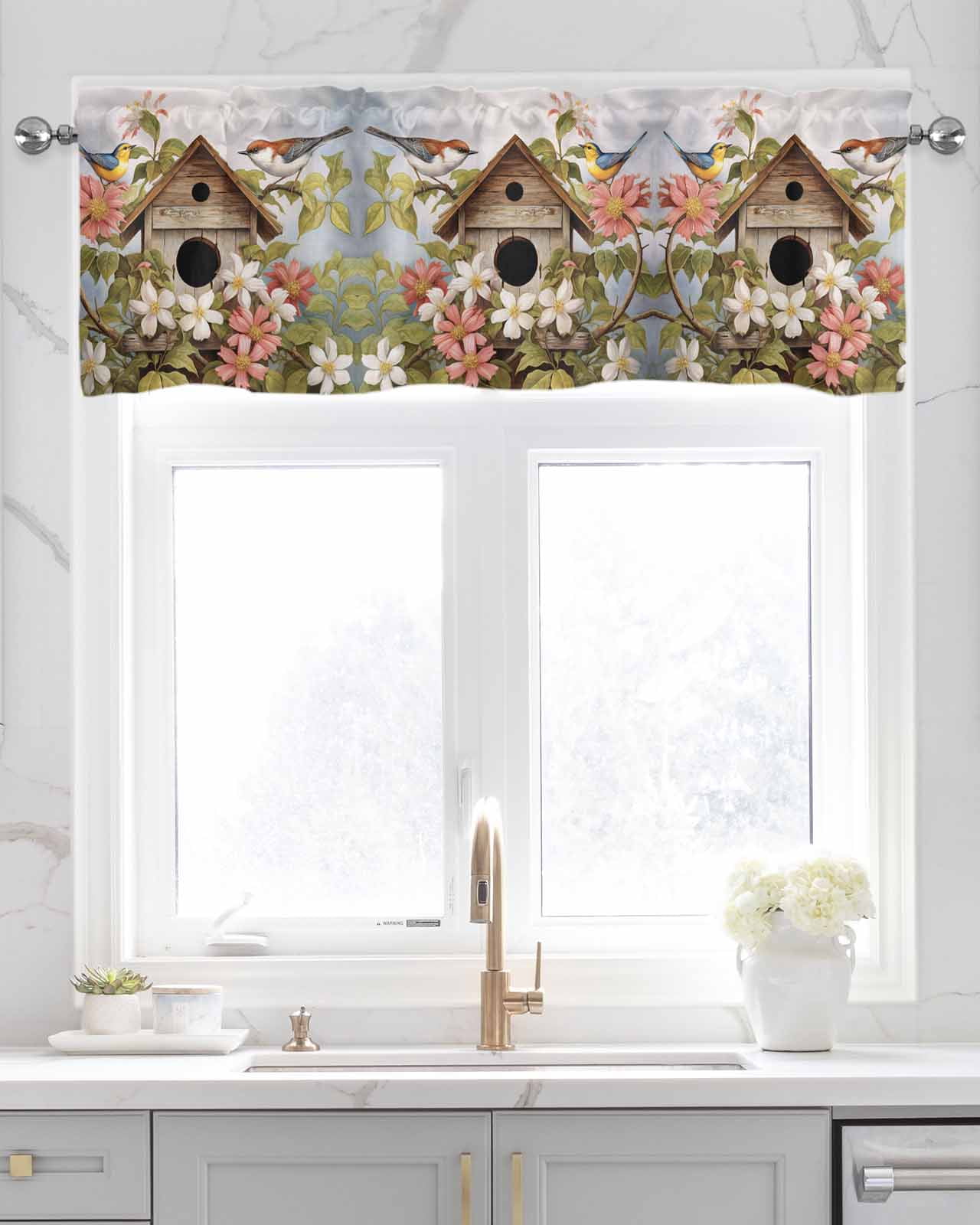 Birdhouse Linen Curtain Valance for Bedroom/Bathroom/Kitchen/Office/Living/Dining Room Window,Farmhouse Leaves Country Vintage Animal Rod Pocket Topper Decorative Cafe Drapes Panel 54"x18"