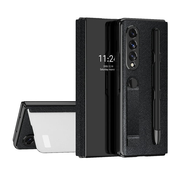 K-Lion for Samsung Galaxy Z Fold 3 7.6 Inch Hybrid Case, Luxury PU Leather Plating Mirror PC S Pen Holder Slot Hand Strap Stand Function Cover Shockproof Protective Folio Case, Black