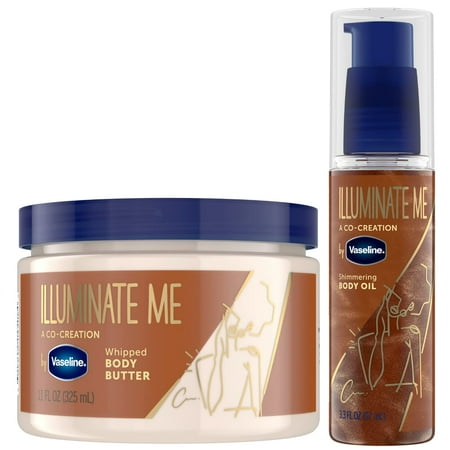Vaseline Illuminate Me Body Butter & Body Oil - Shimmering Body Bronzer Hydrating Whipped Organic Shea Butter with 24-Hour Moisture for Melanin-Rich Skin Radiant Body Glow Oil (2 Piece Set)