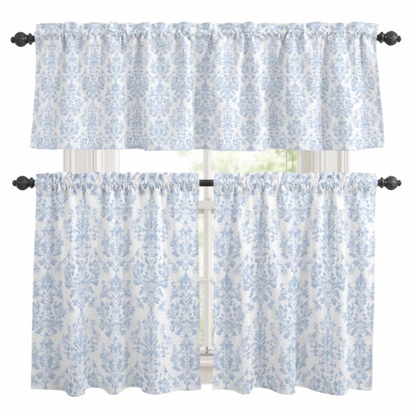 Blue Boho Floral Kitchen Curtains Sets for Windows 36 Inch Length, Farmhouse Middle Century Flowers Rod Pocket Window Treatments Tier Curtains and Valances Set for Bedroom/Bathroom