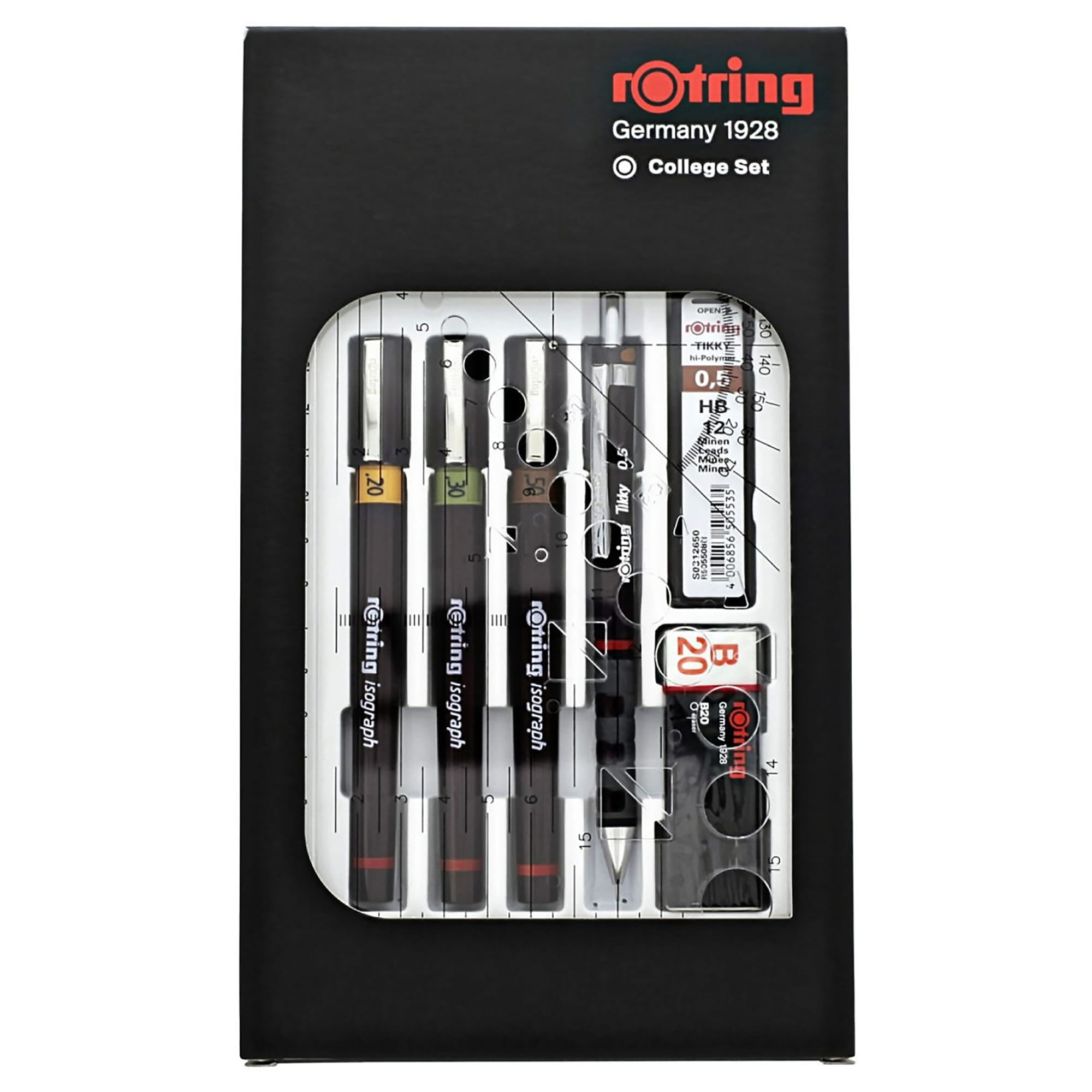 rOtring Isograph Pen Set Technical Pen & Pencil College Set | 3 Pens (0.20mm, 0.30mm, 0.50mm) and Mechanical Pencil (0.5mm) + Accessories