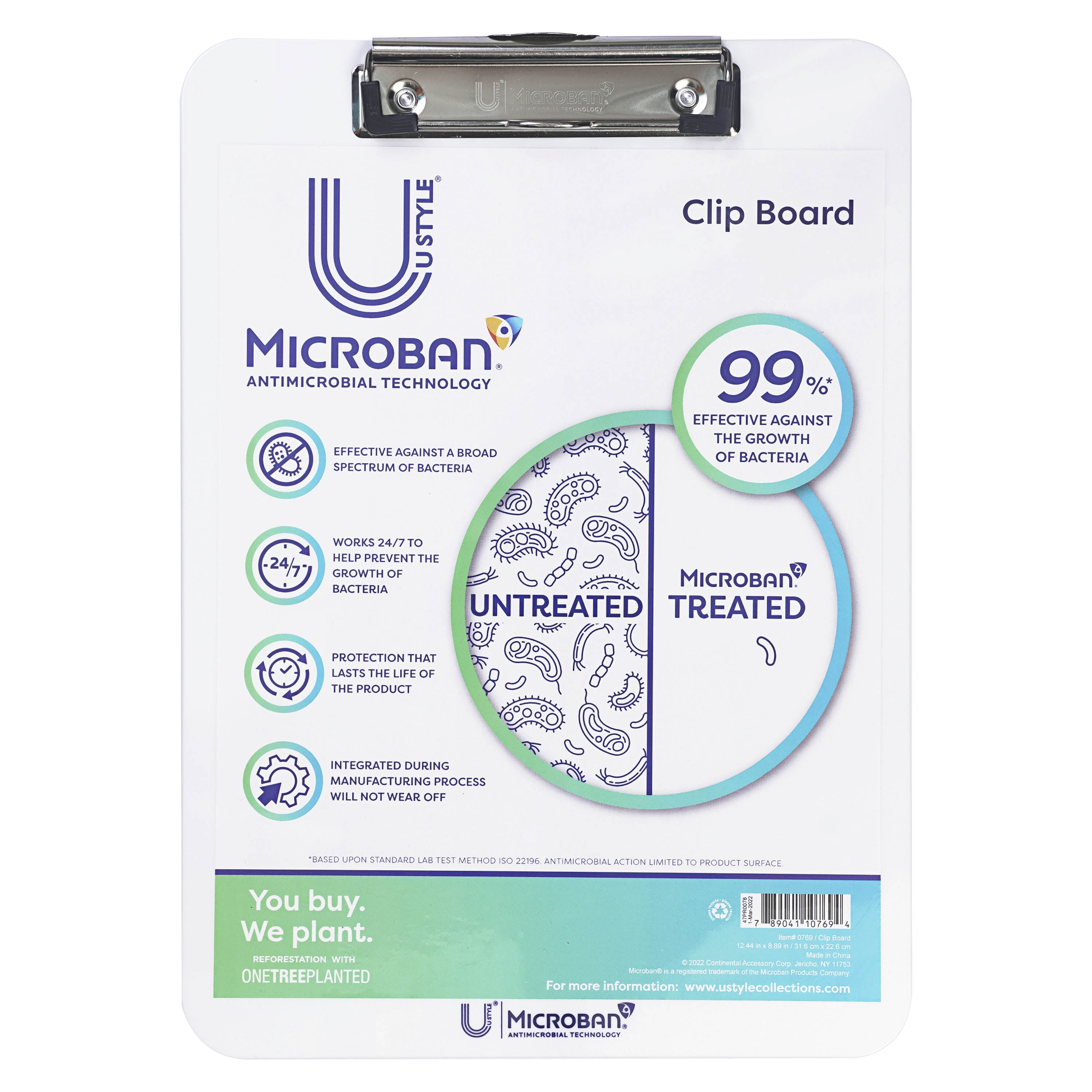 U Style Antimicrobial Acrylic Clipboard with Microban ®, 12.44" x 8.89", Low Profile Clip, White