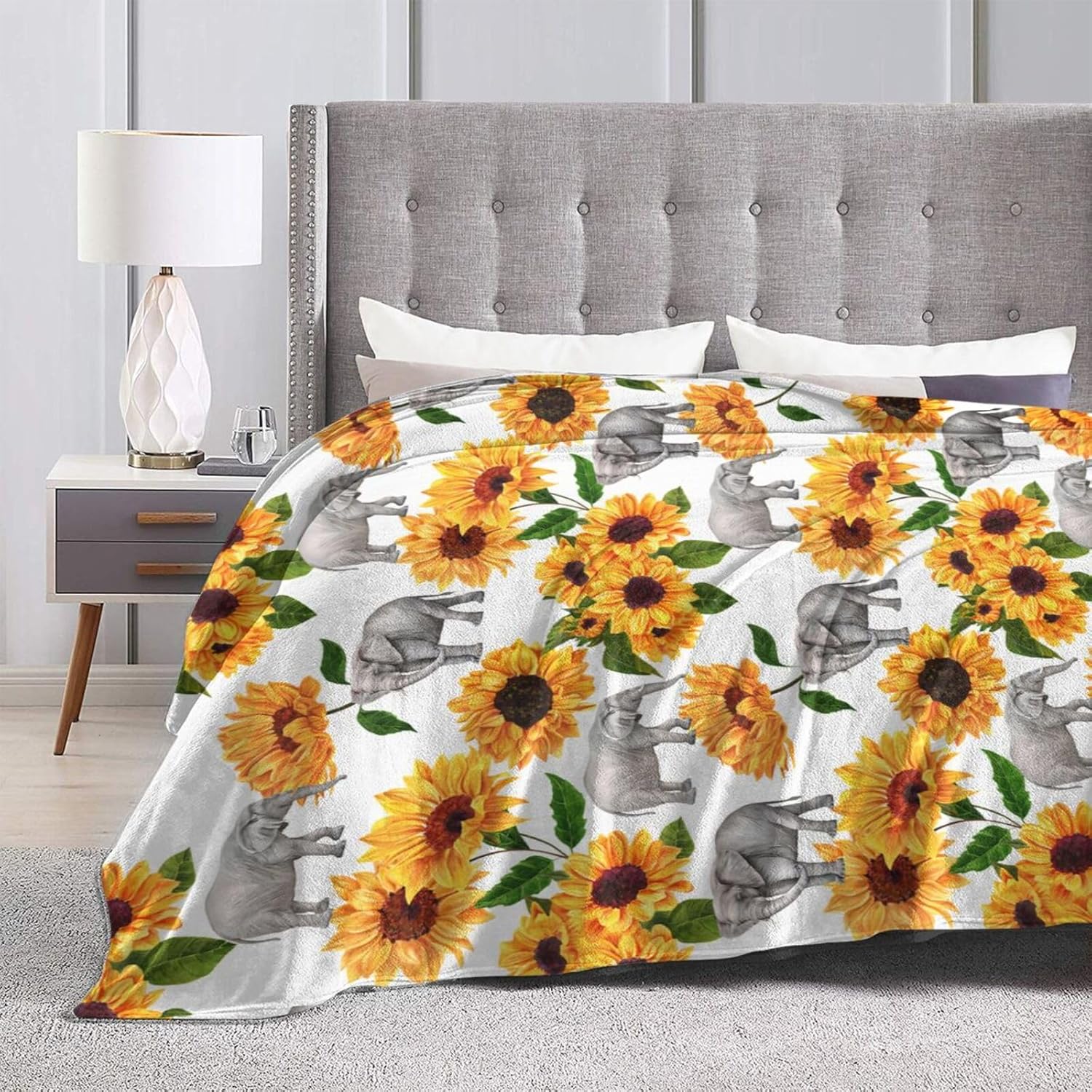 Elephant Sunflower Throw Blanket Warm Cozy Plush Bed Blankets for Sofa Couch Bedroom,Sunflower Elephant Gifts for Women Adults 50"X40"