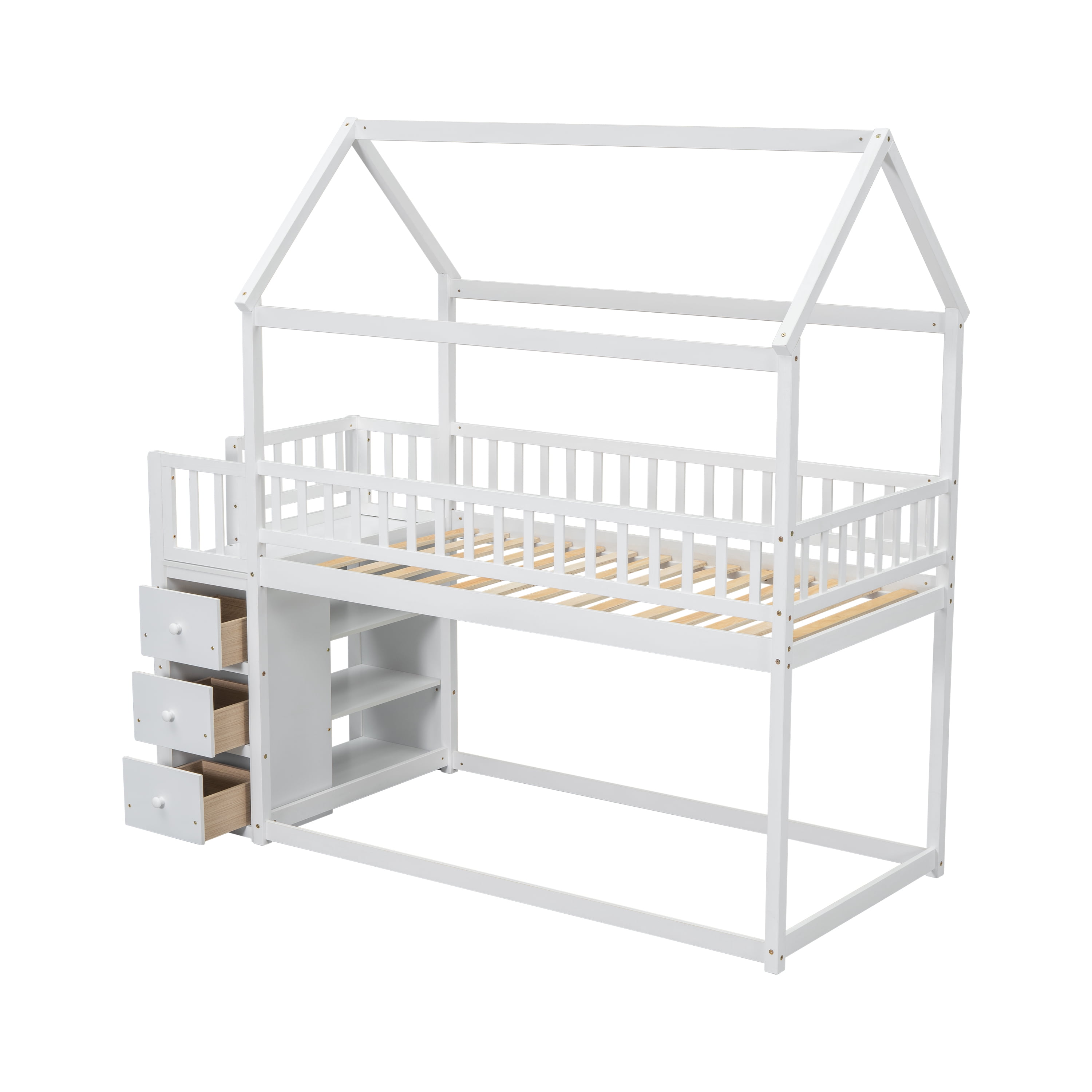 Euroco Twin over Twin Bunk Bed with Wardrobe, Drawer and Shelf, Trundle Bed for Kids Teens Room, White