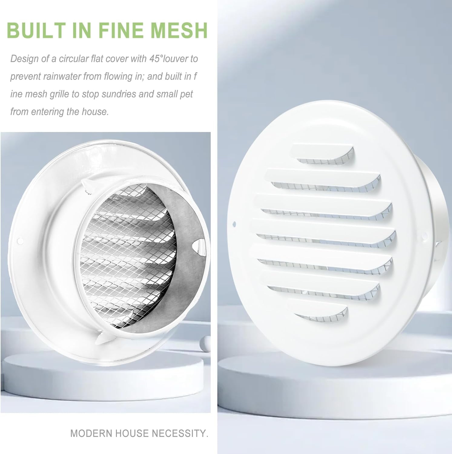 ABCISI 3 Inch Round Soffit Vent Cover, Stainless Steel Air Vent Cover Louvered Grille Cover Air Vent Wall Outlet with Built-in Fine Mesh for HVAC Ventilation (White, 75mm - 2PCS)