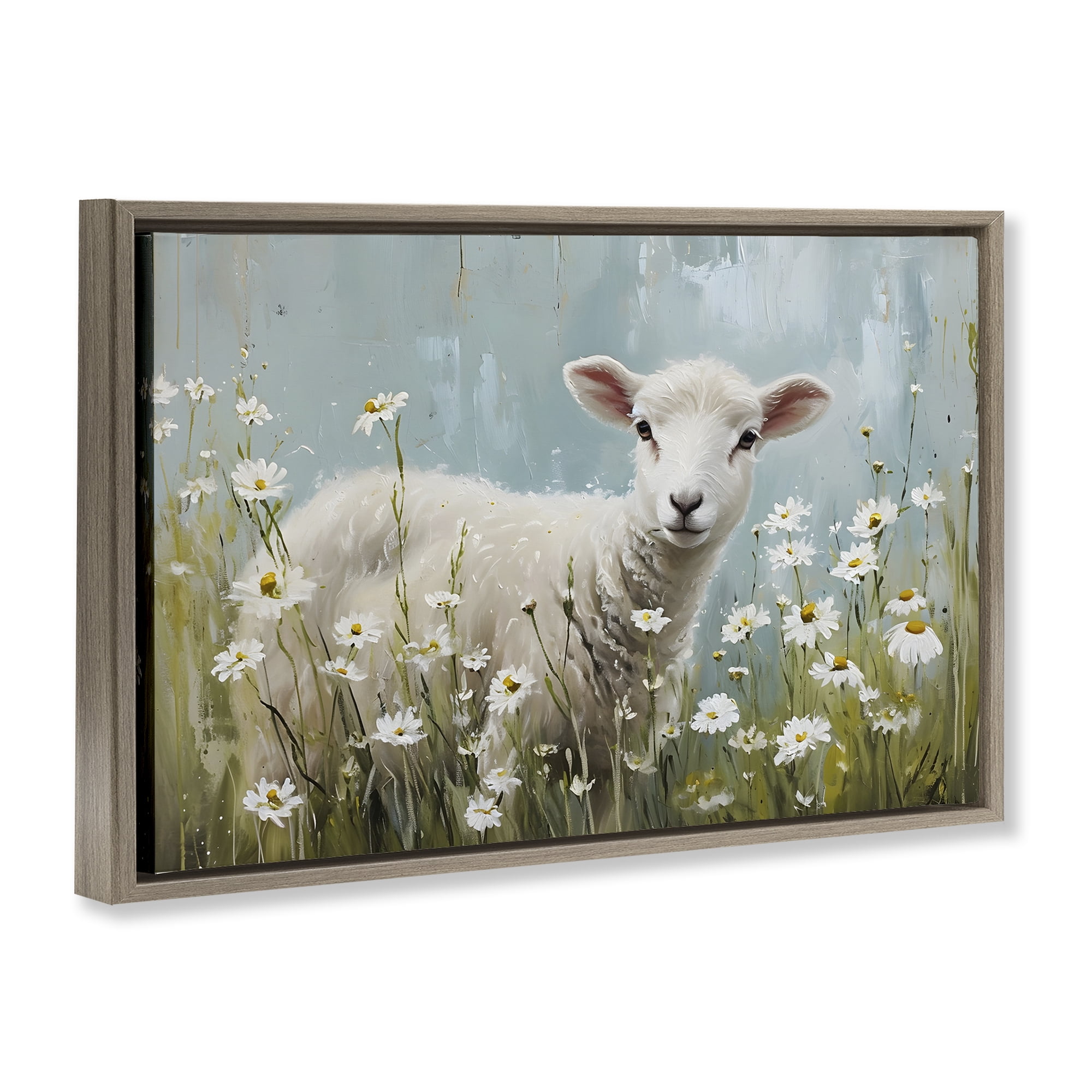 Stupell Industries Lamb Among Daisies Animals & Insects Painting Brown Floater Framed Canvas Art Print Wall Art, 25 x 17