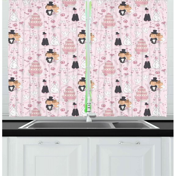 Ambesonne Pink Kitchen Curtains, Drawing Pattern Wedding, 55"x39", Pink White Black