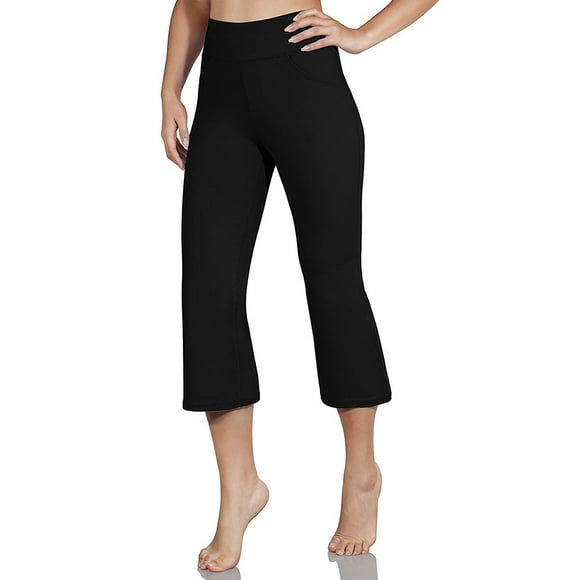 Pantalon de Dégagement de la Couleur Pure des Femmes Taille Haute Poche Sport Fitness Yoga Large Jambe Capris Pantalon Noir XL