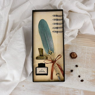 Coles Calligraphy Feather Quill, 5 Nib, 1 Ink bottle & Pen Holder Set -  Gold with your personal embossing
