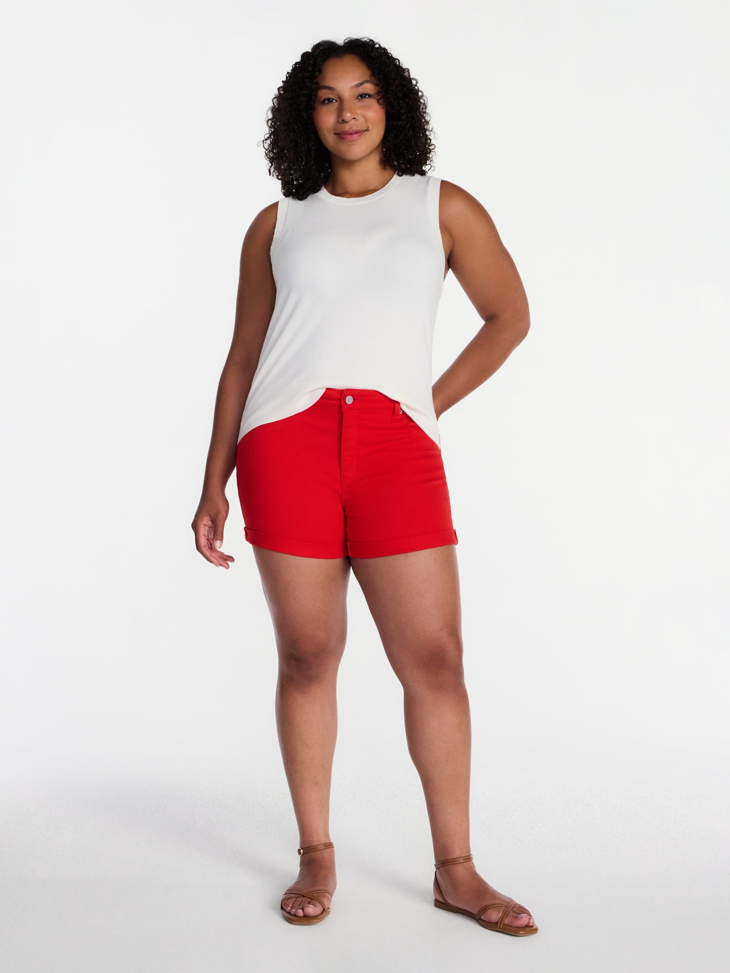 Time and Tru Women's Mid Rise Roll Cuff Denim Shorts, 4" Inseam, Sizes 0-20