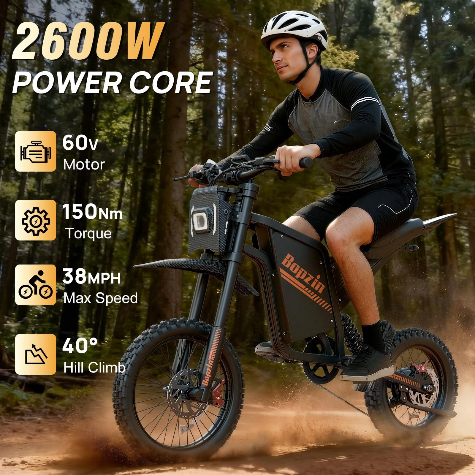 Bopzin 2600W Off-Road Electric Dirt Bike for Teens & Petite Adults - 60V/23Ah Long Range, Smart Anti-Theft Alarm, 14"x3.0" & 12"x3.0" Pro Off-Road Tires, High-Performance Compact eMotorcycle UL2849