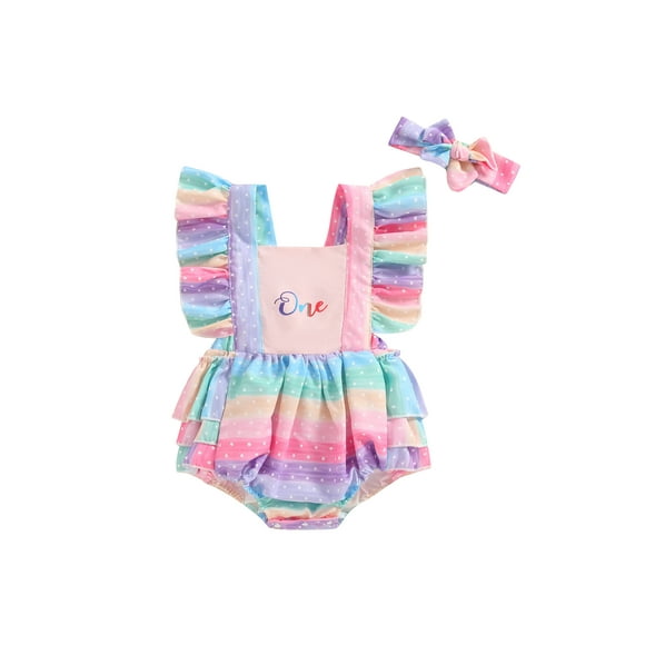 Gupgi Baby Girls Rainbow Romper 9 12 18 Months Infant Short Jumpsuits Summer Letter Dot Print Square Neck Fly Sleeve Ruffles Bodysuit + Headband