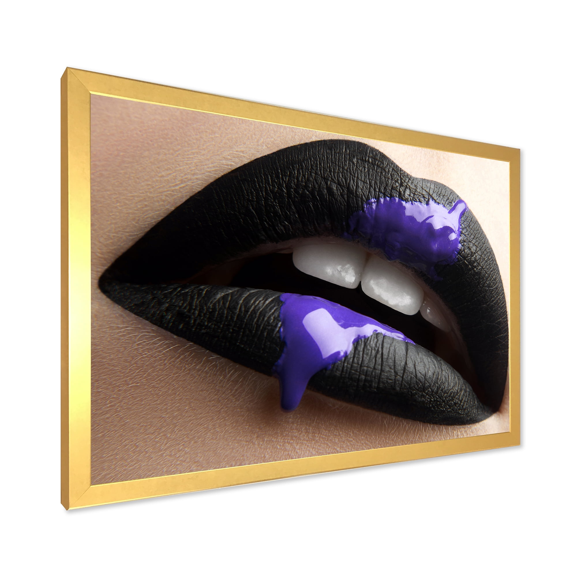 Designart 'Woman Lips With Black Lipstick & Purple Paint' Modern Framed Art Print