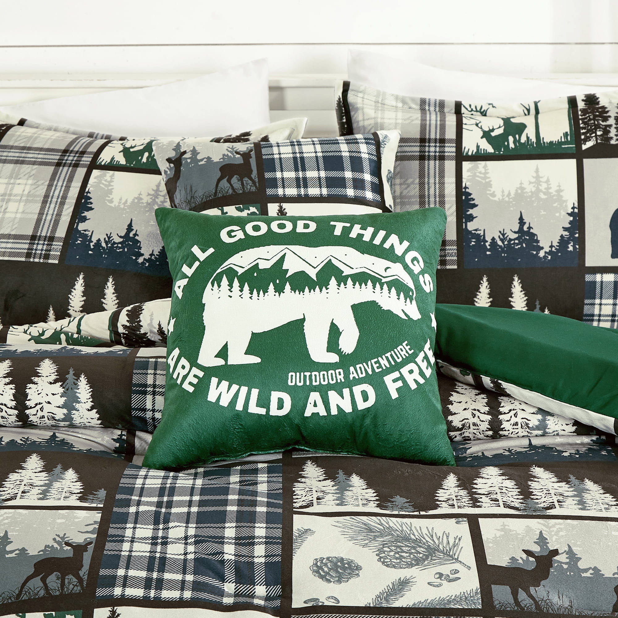 EvJK 5-Piece Velvet Sherpa Comforter Set – Wild and Free Cabin Lodge Bedding, Soft & Cozy Comforter with Matching Shams and Decorative Cushions, King