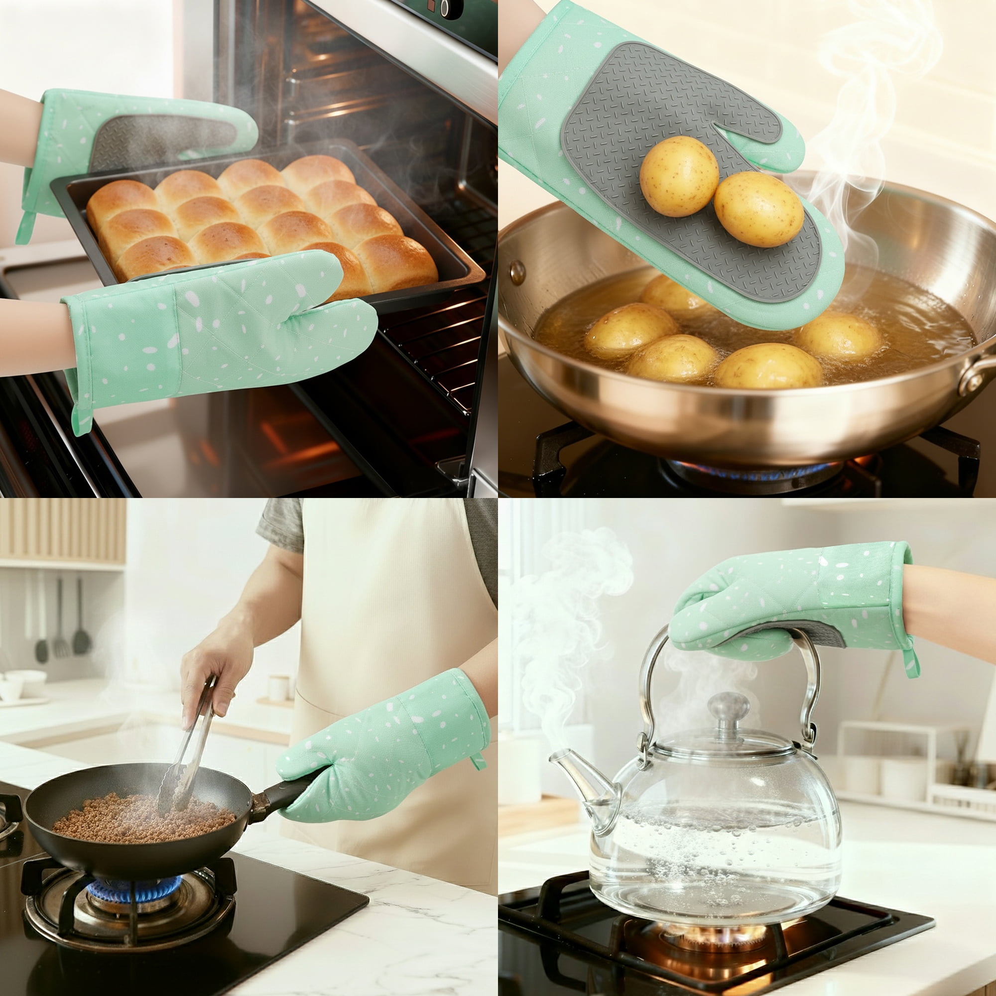 Unique Bargains Heat-Resistant Soft Oven Mitts 2 Pcs Green 10.6x5.9 Inch